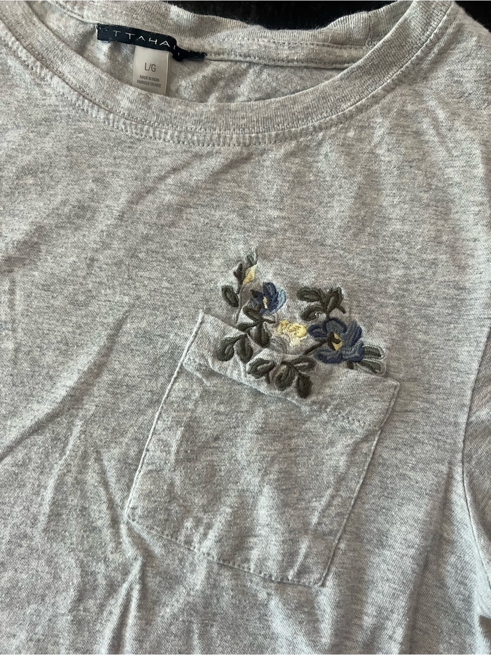 T Tahari Heather Gray Pocket Tee with Blue and Yellow Floral Embroidery